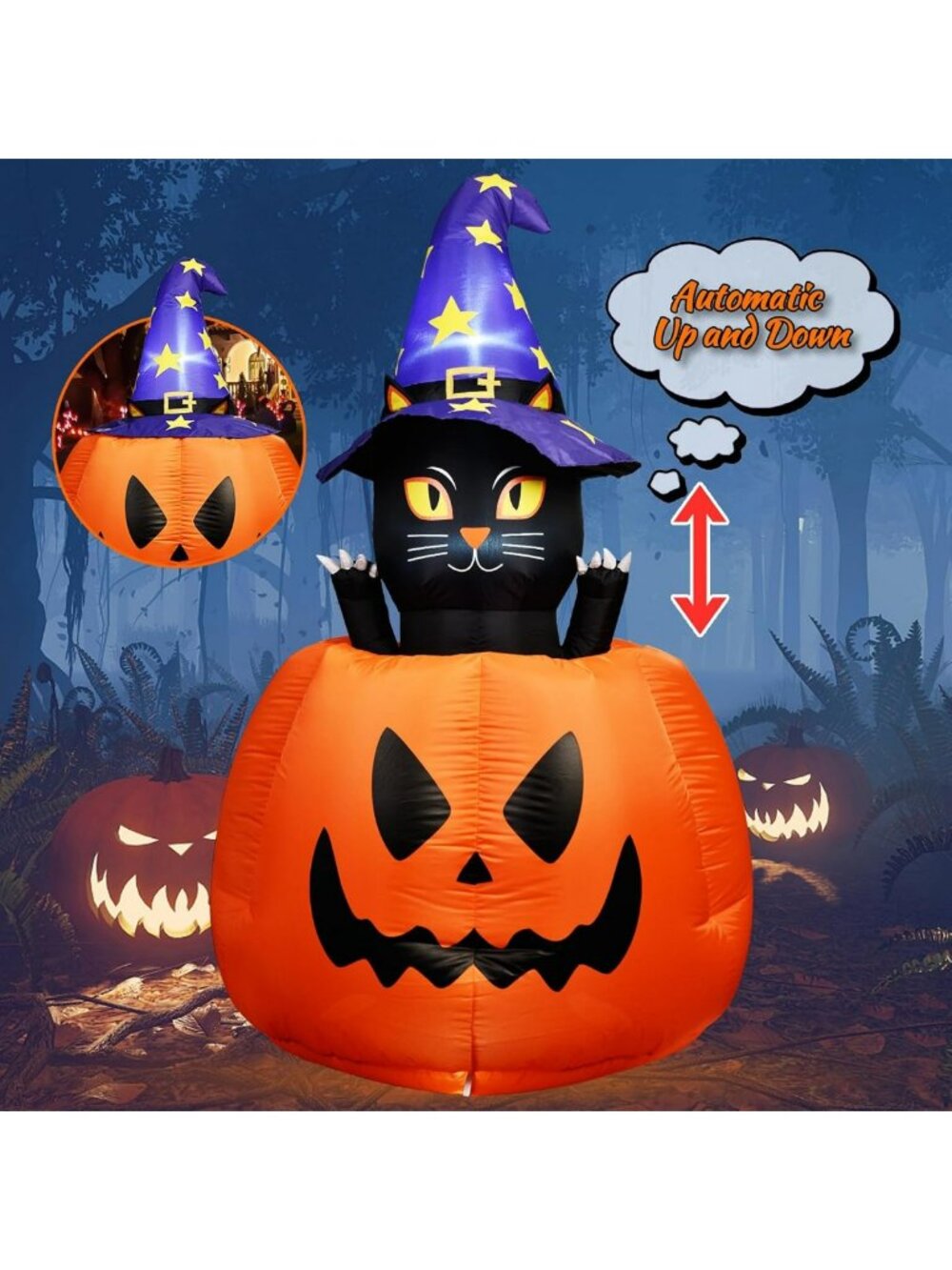 5.3 FT Inflatable Animated Witch Cat in Pumpkin - Lighted Halloween Yard Decor
